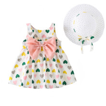 Buntes, ärmelloses Prinzessinnenkleid mit Herzmuster und großer Schleife für Kleinkinder, gerafftes A-Linien-Sommerkleid mit Hut, Größe 3-4 Jahre