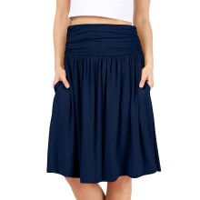 Saia evasê azul-marinho feminina – comprimento até o joelho, cintura alta, fluida, bolsos laterais, tamanho XXG (azul-marinho meia-noite)