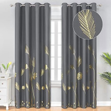 Dark Grey Blackout Curtains 52x84", 2 Panels, Thermal Insulated, Gold Palm Leaf Pattern, Grommet Top, Compatible with Standard Rods