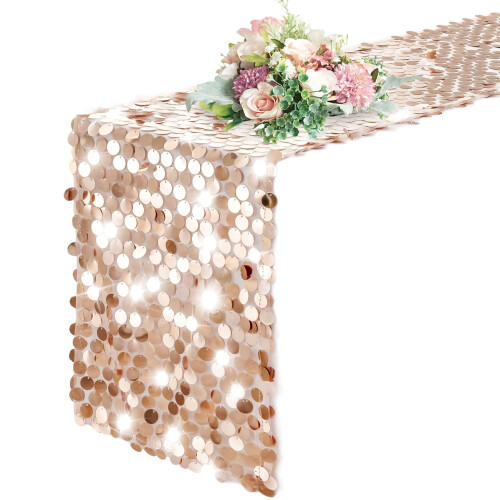 Caminho de mesa retangular com lantejoulas e glitter dourado rosê, 30,5 x 274 cm (12 x 108 polegadas) – Centro de mesa brilhante para casamentos,