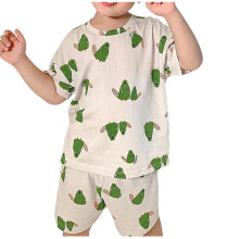 Pyjamaset van ijzijde voor peuters (jongens en meisjes), 2-delig – Cartoon, losvallend topje met korte mouwen + short, groen, luchtige huispak,