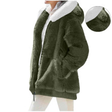 Kukoosong Damen-Fleecejacke, flauschig, mit Reißverschluss, Kapuze, Cardigan, Mantel, Oberbekleidung mit Taschen