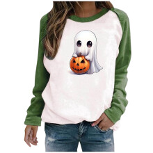 Dam Halloween-tröja med rund hals - Plusstorlek långärmad, läskigt tryck, höstens essentials, casual, hem/utomhus, S-3XL