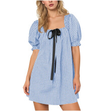 Vestido de mujer, vestido de vendaje de manga corta para mujer, falda corta de manga con estampado floral a cuadros, vestido ajustado y con vuelo