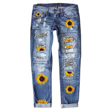 Damesjeans, elastisch, met zonnebloem- en luipaardprint, scheuren, rechte pijpen, knoopsluiting en ritssluiting, enkellange pijpen en zakken aan de