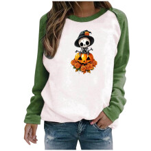 Dam Halloween-tröja med rund hals - Plusstorlek långärmad, läskigt tryck, höstens essentials, casual, hem/utomhus, S-3XL
