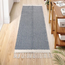 Boho Kitchen Runner 2x6 ft – Washable, Lightweight, Tasseled Cotton Rug, Non-Shedding, Farmhouse Blue Runner for Entryway, Bathroom, Hallway