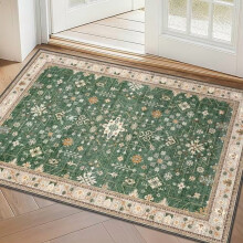 2x3 Green Washable Area Rug, Boho Non-Slip Low-Pile Indoor Mat for Entryway, Bedside, Kitchen & Bathroom