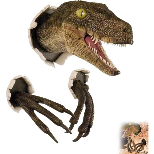 3D-Dinosaurierkopf-Wandbild, Harzskulptur, Gelb