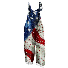Dame 4. juli patriotiske overalls - Afslappet hørjumpsuit med bindebånd og uafhængighedsdagsprint, 2 lommer S-5XL