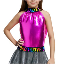 Kindertop, danstop met opvallende letters en reliëfprint voor meisjes, mouwloze blouse zonder schouders, geschikt voor kinderen van 4-14 jaar.