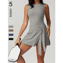 Macacão feminino sem mangas com amarração e detalhe de nó – Roupa esportiva casual para o verão, pickleball e tênis; Ideal para a volta às