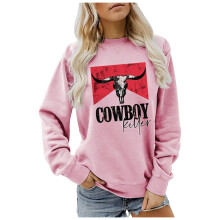 Grafiska tröjor för kvinnor Vintage Cowboy Print Långärmade toppar med rund hals Höst Vinter Trendiga Tröjor med avslappnad passform
