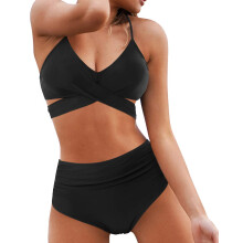 Dames halterbikini, hoog model, tweedelig badpak met gekruiste bandjes