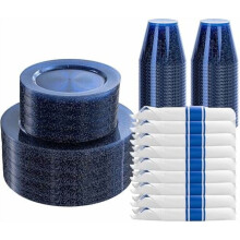 Conjunto de louça descartável azul cobalto com glitter, 210 peças para 30 convidados – pratos, guardanapos, talheres e copos – compatível com