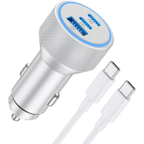 67W 3-ports USB-C biloplader til iPhone, iPad og 90 cm