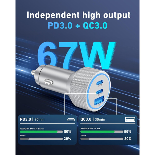 67W 3-ports USB-C biloplader til iPhone, iPad og 90 cm 2