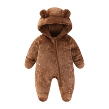 Macacão infantil com capuz e zíper, quentinho e macio, ideal para o outono/inverno, cor café, tamanho 9-12 meses.