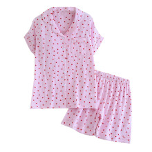 Lichtgewicht zomerpyjama voor dames, dun, met liefdesprint, zachte revers, korte mouwen en shorts, geschikt voor thuis.