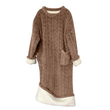 Dames winterslaapjurk met lange mouwen, effen patroon en zachte stof - Lange, dikke, warme loungewear met dubbele zakken (SL)