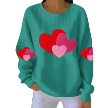 Sweat-shirt femme Saint-Valentin imprimé cœur, col rond côtelé, manches longues