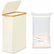 Schmaler Wäschekorb mit Deckel, 65 l, mit herausnehmbarem Beutel und Bambusgriffen – Beige, geeignet für Badezimmer/Schlafzimmer/Waschküche