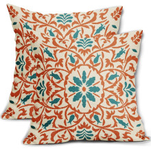 Fundas de almohada de lino estilo bohemio en naranja y verde azulado, 40x40cm (paquete de 2)