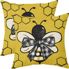 Pellavatyynynpäälliset 45x45 cm, 2 kpl setti, keltainen mehiläiskuvio