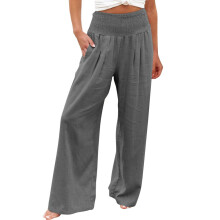 QLEICOM Damen Palazzo-Hose aus Baumwoll-Leinen-Mischgewebe mit hohem Bund und weitem Bein, Hellgrau, Größe XL (US 10), mit Taschen