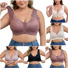 Sutiã Push Up, Sutiãs Femininos Sem Aro, Tamanho Plus Size com Fecho Frontal, Renda, Sem Aro e Cobertura Total para um Formato Valorizador, Preto
