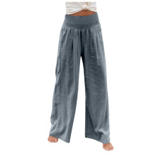 QLEICOM Damen Palazzo-Hose mit hohem Bund, weitem Bein und Taschen aus Baumwoll-Leinen-Mischgewebe, Grau, Größe S (US 4)