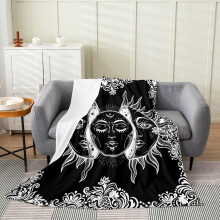 Couverture polaire Soleil et Lune, plaid mandala bohème noir et blanc pour enfants (filles et garçons) – Flanelle douce et confortable, motif