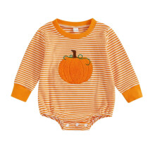 Dziewczęcy kombinezon z motywem Halloween, dynia z kreskówkową kreskówką, haftowany, długi rękaw, okrągły dekolt, pasiasty, klasyczny,