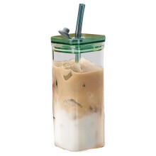 Gobelet en verre résistant à la chaleur XIA0LE 350 ml avec paille et couvercle, couvercle en bois, compatible avec les boissons froides, jus, lait,