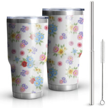 Gobelet isotherme Pioneer Flower de 887 ml (30 oz), motif floral, double paroi, couvercle étanche sans BPA et pailles réutilisables, garde le chaud