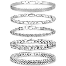Conjunto de 5 pulseiras de aço inoxidável para homens e mulheres – modelos Curb, Rope, Figaro, Snake e Cuban Link (6,5"/7,5"/8,3"/9")
