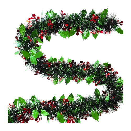 Groene glitterkerstslinger met bladeren en rode bessen 1