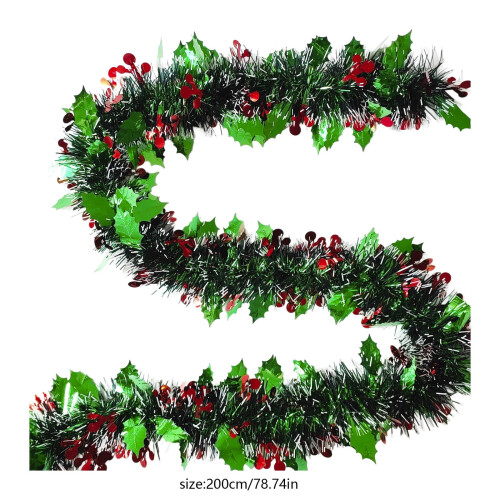 Groene glitterkerstslinger met bladeren en rode bessen 2