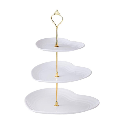 Soporte para postres de 3 niveles con forma de corazón, plástico blanco y zinc.