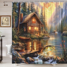 Rustikk dusjforheng i hyttestil, landlig hytte med bassfisk og innsjøtema, gårdshusdesign med jaktleir, 180 x 180 cm med 12 kroker