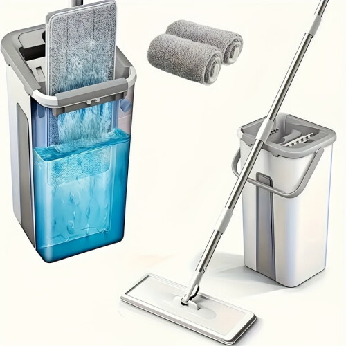 Set composto da secchio e mocio piatto con strizzatore e 2 panni in microfibra. 1