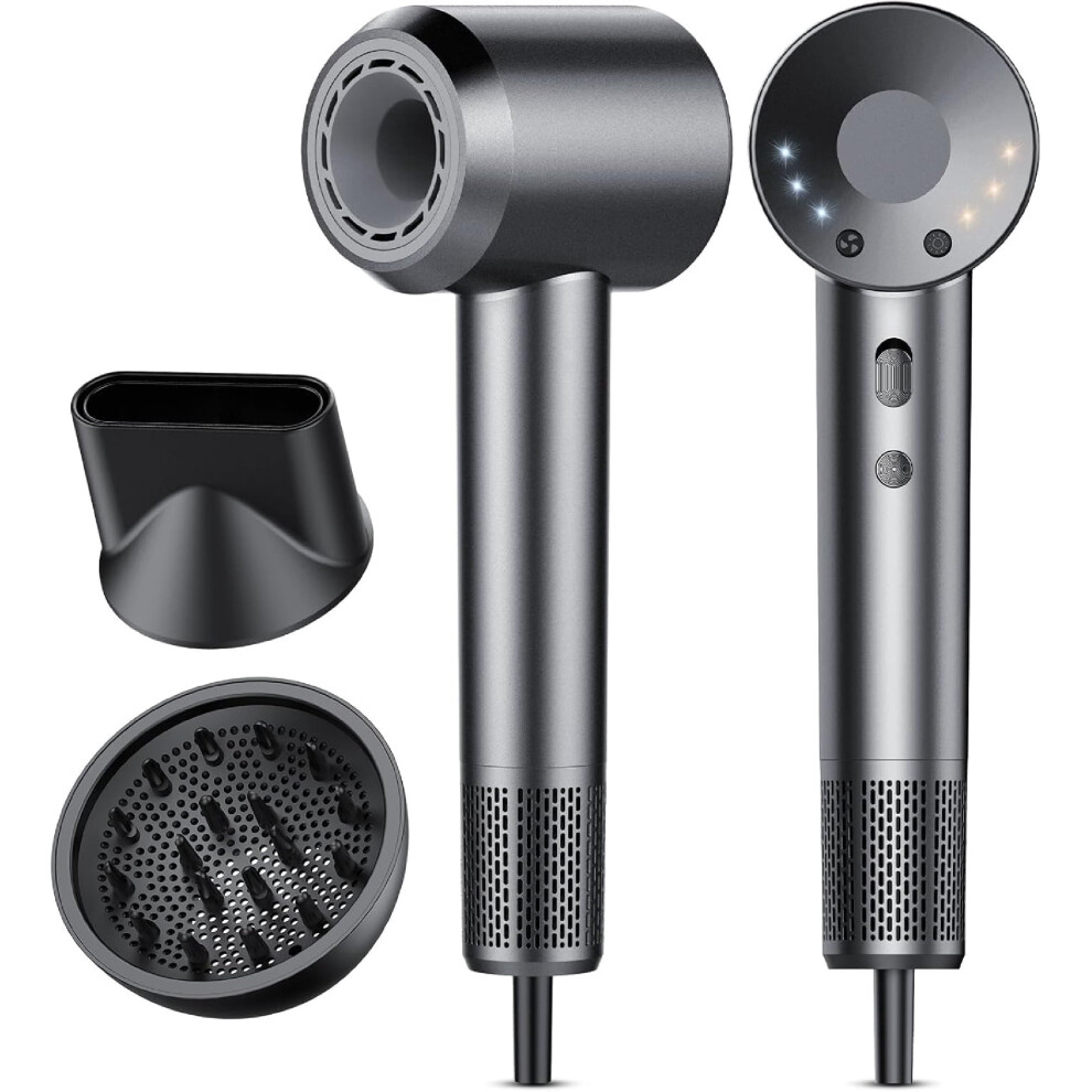 Grey Professional Ionic Blow Dryer, 110000 Rpm, 500M Negative Ions, Heat-Control, Low Noise, Travel-Friendly With Diffuser (Grey)