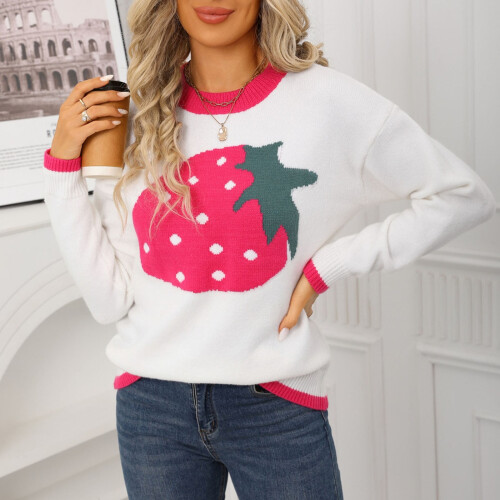 Hässlicher Weihnachtspullover für Damen – Weicher Strickpullover mit Erdbeermuster, Rundhalsausschnitt, gemütliches Freizeitoberteil, passend 2