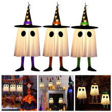 Lot de 3 fantômes lumineux suspendus pour Halloween avec chapeaux de sorcière – Décoration extérieure pour jardin, terrasse et patio,