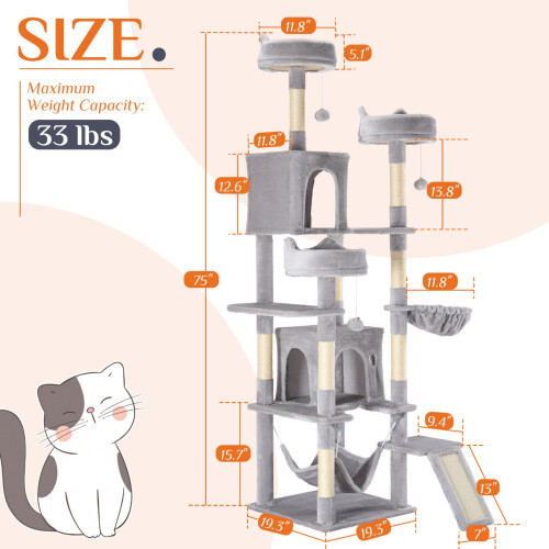 Cat Tree Tower Light Grey 75 inch Multi-Level 2