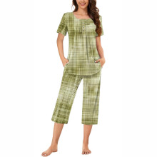 2-delige capri pyjama set met korte mouwen, geplooide top en capri broek, nachtkleding voor dames, maten S-3XL