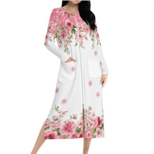 Damen-Pyjamakleid 2025 mit Blumenmuster, Taschen, langen Ärmeln, Reißverschluss vorne, Raglanärmeln, doppelseitigem Fleece-Nachthemd – Größen