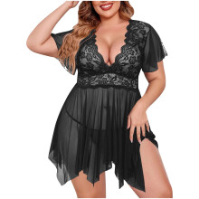 2 részes pizsama szett, plus size hálóing, női fehérnemű szett, fekete hálóruha tanga szettel és csipkés, áttetsző hálós melltartókkal