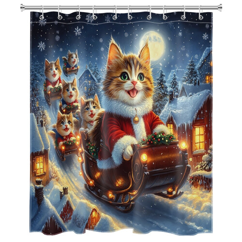 Weihnachtsduschvorhang mit Katzenmotiv, 152 x 183 cm