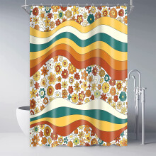 Rideau de douche extra long 183 x 213 cm, imperméable, motif floral arc-en-ciel rétro, style élégant milieu du siècle, lavable en machine